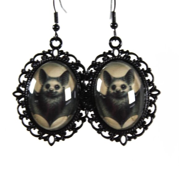 Victorian Gothic Bat Cameo Earrings – Vintage Sepia Bat Jewelry - Picture 3 of 3